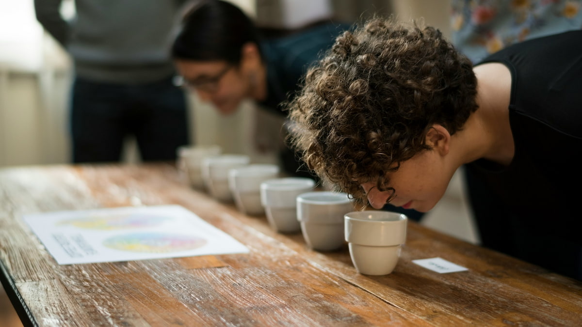 boy smelling coffee, paet of the coffee cupping process