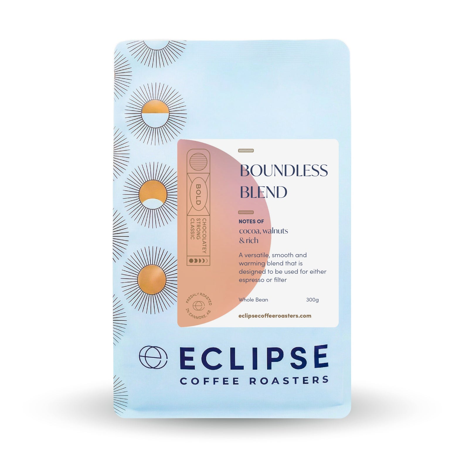 Eclipse Coffee Roasters Boundless whole bean coffee, 300g bag, balanced house blend with notes of caramel and milk chocolate