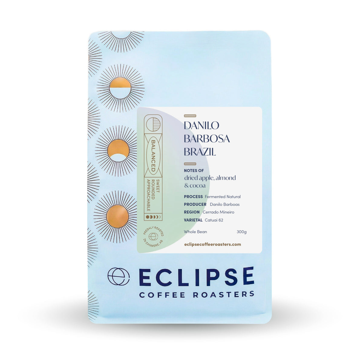 Eclipse Coffee Roasters Danilo Barbosa Brazil whole bean coffee, 300g bag, natural process with notes of dark chocolate, hazelnut and dried cherry