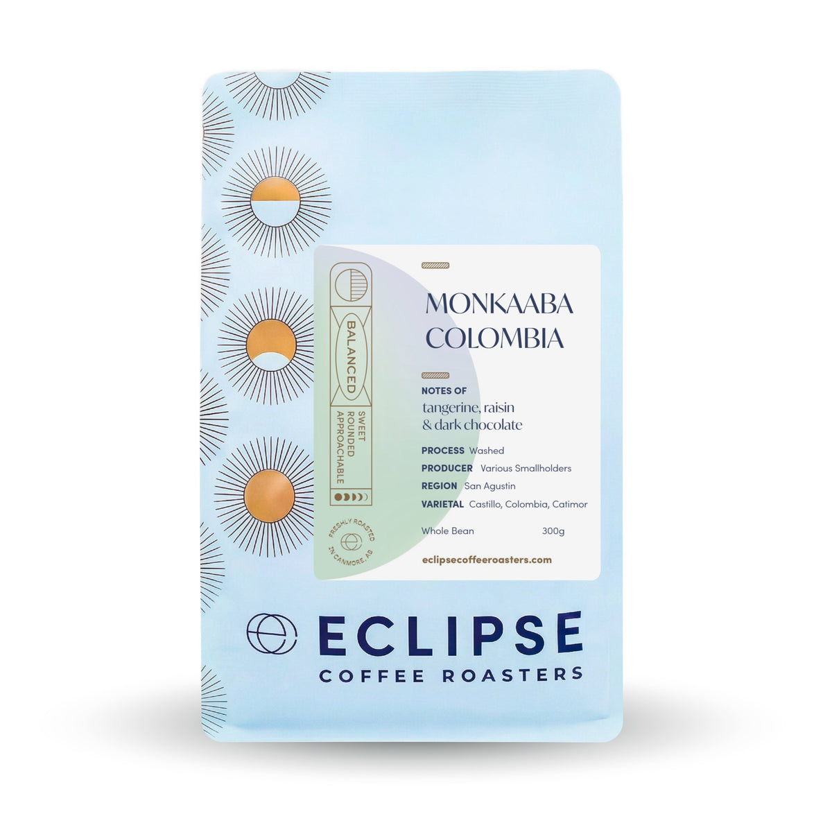 Eclipse Coffee Roasters Monkaaba Colombia whole bean coffee, 300g bag, washed process with notes of tangerine, raisin and dark chocolate