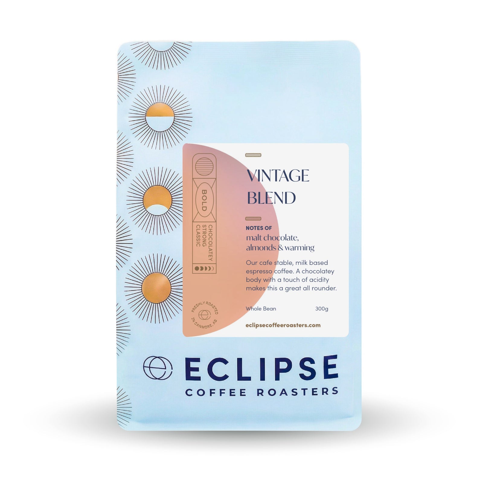 Eclipse Coffee Roasters Vintage Blend whole bean coffee, 300g bag, bold espresso blend with notes of chocolate and caramel, great as espresso or filter